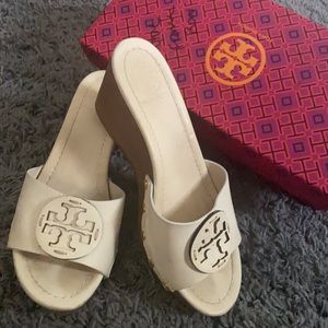 White Tory Burch Wedge Sandals
